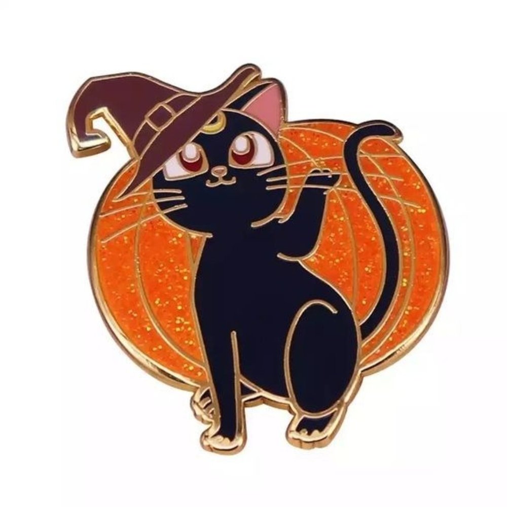 Black cat Glitter pumpkin pin enamel Halloween